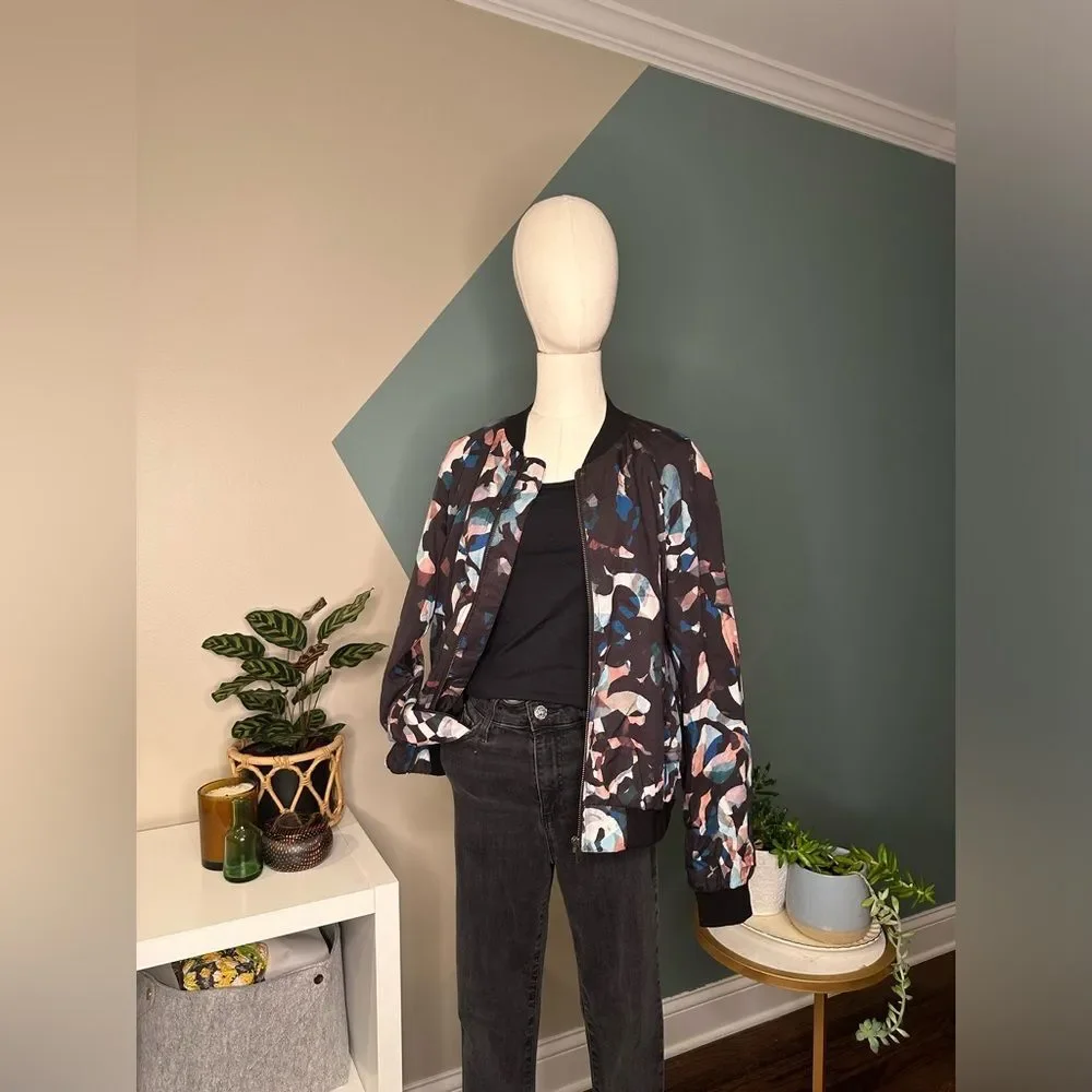 FRENCH CONNECTION Abstract Print Bomber Jacket US 8 Lightweight Lyocell Chic EUC - Picture 2 of 12